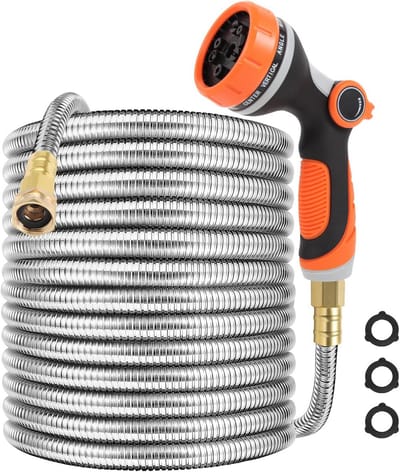 Metalen tuinslang 15 m met sproeier mondstuk - Lichtgewicht roestvrijstalen waterslang met flexibele fittingen