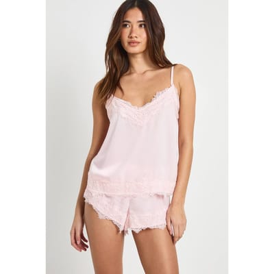 boohoo Dames Pyjama Set met Camisole & Shorts met Wimper Kant Afwerking | Roze | Maat: 44