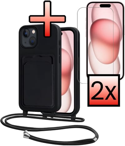 Hoes Geschikt voor iPhone 15 Plus Hoesje Pasjeshouder Cover Met Koord Case Siliconen Hoes Met Telefoonkoord en Kaarthouder Met 2x Screenprotector - Zwart