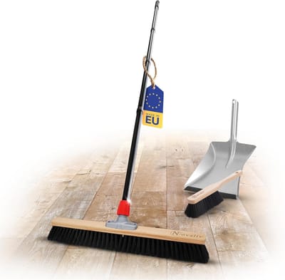 Novaliv Grote Bezem Zaalbezem 60 cm met Steelborstels Synthetische borstelharen Inclusief veegset verzinkt met rubberen lip bestaande uit stoffer en blik handborstel Fijne bezem Werkplaatsbezem Industriële bezem met Steel