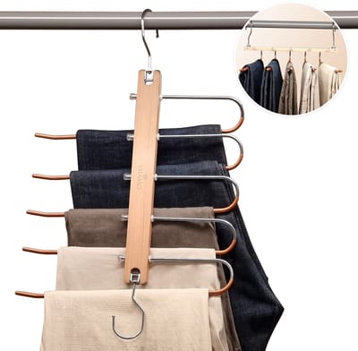 VITAMO™ 5-in-1 Broekenhanger - Kledinghanger - Ruimtebesparend Antislip Klerenhanger voor 5 Kledingstukken - Kledingrek - Duurzaam Hout - Naturel