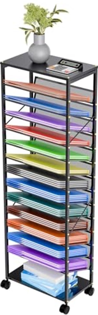15-tiers mobiel bestandswagen met vergrendelbare wielen - Ruimtebesparende metalen boekenrek voor kantoor, studie en klaslokaal