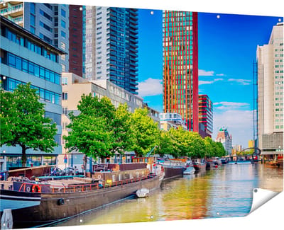 Gards Tuinposter Rotterdamse Gracht met Boten - 180x120 cm - Tuindoek - Tuindecoratie - Wanddecoratie buiten - Tuinschilderij
