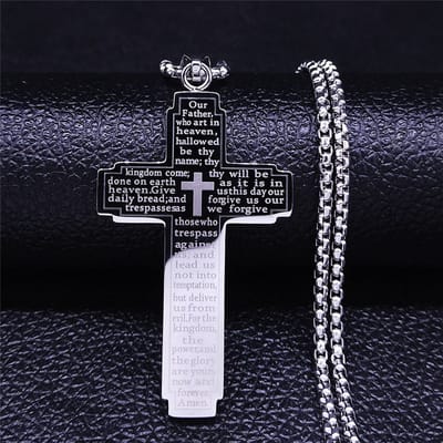 Donley Cubaanse Kruis Ketting Heren Breed - Zilveren Jezus Ketting met Heilige Tekst Thy Kingdom Come - Holy Cross Schakelketting - Christelijke Sieraden