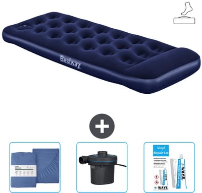 Bestway luchtbed - 1-Persoons - 76 x 185 x 28 cm - Blauw - Inclusief pomp - Hoeslaken - Pomp en Reparatieset