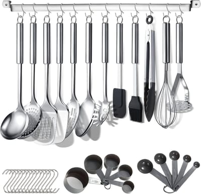 Keukengerei Set 38 Stuks, Roestvrij Staal Kookgerei Set, Keuken Gadgets, Met houder en haken om keukengerei op te hangen, Vaatwasserbestending
