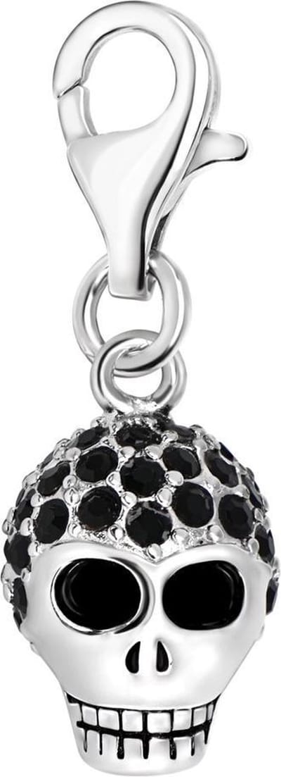 Quiges – Charm – Hanger - 3D Schedel met Zirkonia Zwart - Verzilverd - karabijnslot - geschikt - voor - Bedelarmband - QHC064