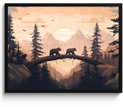 Poster in lijst - Fotolijst 70x50 cm - Posters - Beren - Bomen - Landschap - Zonsondergang - Posterlijst zwart - Decoratie - Wanddecoratie woonkamer - Muurdecoratie slaapkamer
