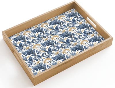 Dienblad hout 40x30 cm - Schootdienblad - Bloem - Blauw - Goud - Patroon - Borrelplank rechthoek - Plateau dienbladen