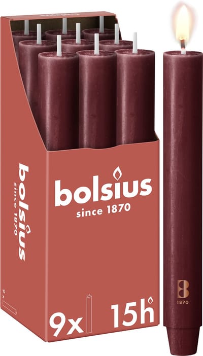 Bolsius - 9 Dinerkaarsen Rustiek Extra Breed - Bordeaux Rood- 23 cm - Diameter 3 cm - 15 Branduren