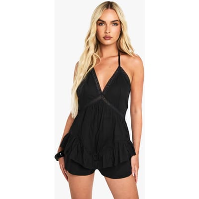 boohoo Dames Katoenen halterneck playsuit met ruches en kantenafwerking | Zwart | Maat: 36