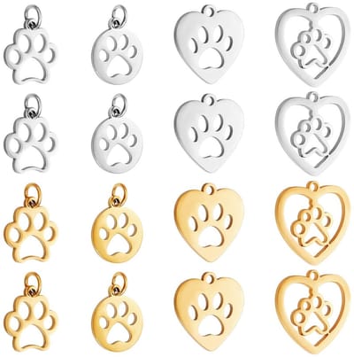 PandaHall 16 stuks hondenpoot print charme hanger hart roestvrij staal hangers, 4 stijlen dier voetafdruk hanger holle metalen bedels voor ketting sieraden maken, goud en roestvrij staal kleur,