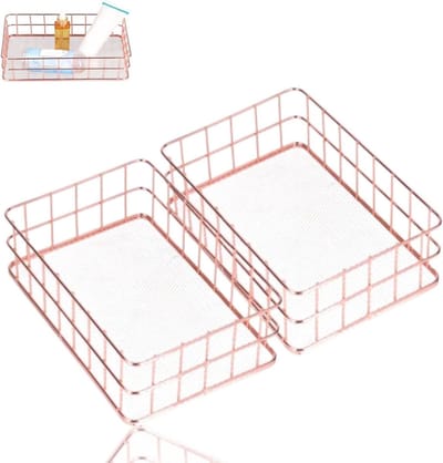 Allecto- Metaaldraad Opbergmanden - Make-up Organizer - Rose Gold - Desk Organizer - Thuiskantoor - Make-up - Geschikt voor - Metaaldraad Model - 2 STKS Metaaldraad Opbergmanden, Make-up Organizer Rose Gold Desk Organizer voor Thuiskantoor(L)