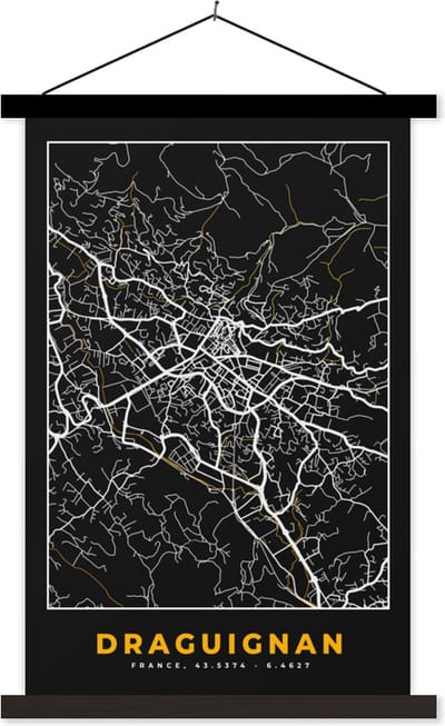 Posterhanger incl. Poster 40x60 cm - Schoolplaat - Frankrijk - Draguignan - Stadskaart - Kaart - Plattegrond - Textielposter - Zwarte latten - Stadskaart