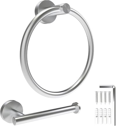 Famanu – Toiletrolhouder + handdoekring set van 2 – SUS 304 RVS – wandmontage – geborsteld nikkel