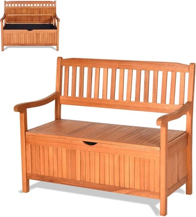 KOMFOTTEU Tuinkist van acaciahout, containerbank voor buiten, 2-zits, met rugleuning en armleuningen, opbergdoos met tas, 107 x 59 x 90 cm