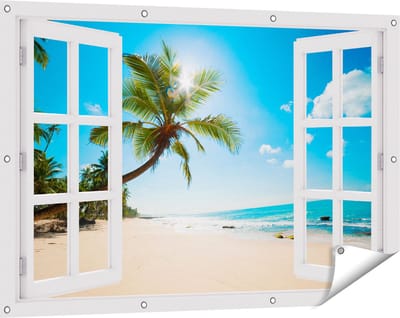 Gards Tuinposter Doorkijk Tropisch Strand en Zee in Sri Lanka - 120x80 cm - Tuindoek - Tuindecoratie - Wanddecoratie buiten - Tuinschilderij