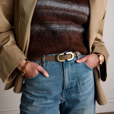 Manfield - Dames - Taupe suède riem met gouden chain - Maat 075