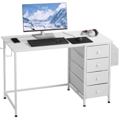 VEVOR Computer Bureau met Stoflaadjes, 120 cm Omkeerbare Studie Werk Schrijfbureau voor Moderne Thuisbureau Slaapkamer, Eenvoudig Modern Knuffig PC Tafel Metalen Frame Kantoormeubilair, Wit