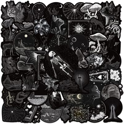 50 Pièces Stickers Gothiques Noir et Blanc Stickers Crâne Gothique DIY Scrapbooking Téléphone Bagages Skateboard Autocollants Imperméables