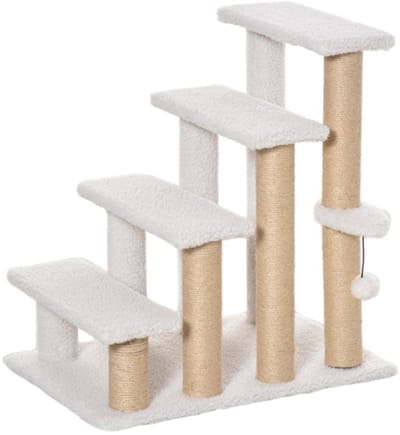 Huisdierentrap met krabpaal, 4-traps kattentrap & hondentrap van spaanplaat, pluche & jute, wit, 60x40x64cm voor katten & honden