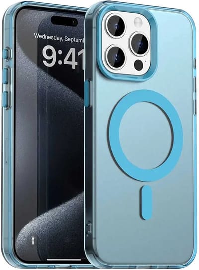MagSafe Compatibel Backcover Hoesje Geschikt voor Apple iPhone 15 Pro Max - Transparant Blauw & Semi-Transparant Design - Stijlvol & Goede Bescherming