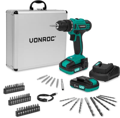 VONROC Accuboormachine 20V – 19 schroefstanden + boorstand - Incl. 2x 2.0Ah accu, snellader en 46 accessoires in luxe koffer