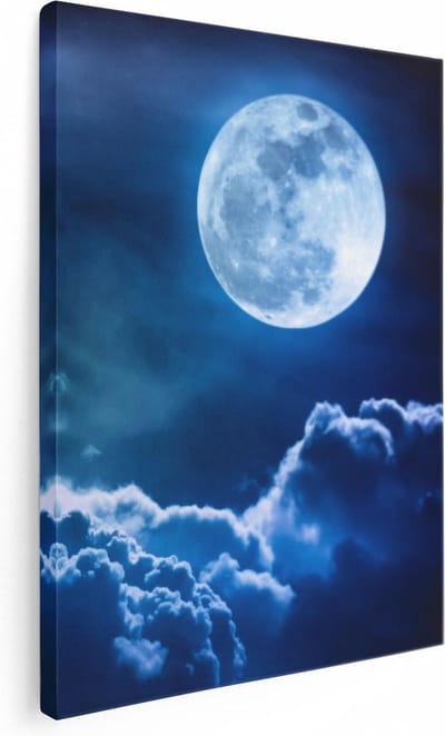 Artaza Canvas Schilderij Volle Maan - 30x40 cm - Klein - Wanddecoratie Sterrenhemel - Schilderijen Op Canvas Natuur - Kamer Accessoires Blauw