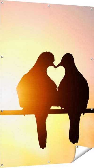 Gards Tuinposter Twee Silhouet Vogels in een Hart Vorm - 100x150 cm - Tuindoek - Tuindecoratie - Wanddecoratie buiten - Tuinschilderij