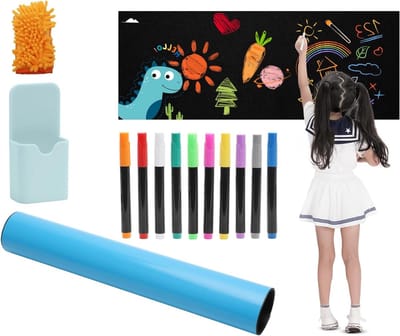 Zelfklevende Magnetische Bordfolie 43 x 120 cm - Zwarte Waskrijtfolie voor Thuis, Kinderen en Kantoor - Inclusief 10 Vloeibare Krijtjes voor Creatief Tekenen en Leren