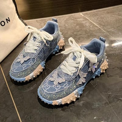 Hoogwaardige Uitstraling Dikke Zool Vetersluiting Strass Strik Mode Alles-match Comfortabel Antislip Ademend Sport Dames Schoenen 39 gray