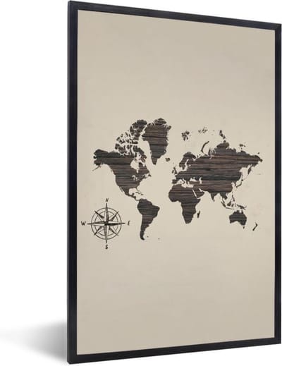 Poster in lijst - Fotolijst 40x60 cm - Posters - Wereldkaart - Hout - Kompas - Posterlijst zwart - Decoratie - Wanddecoratie woonkamer - Muurdecoratie slaapkamer