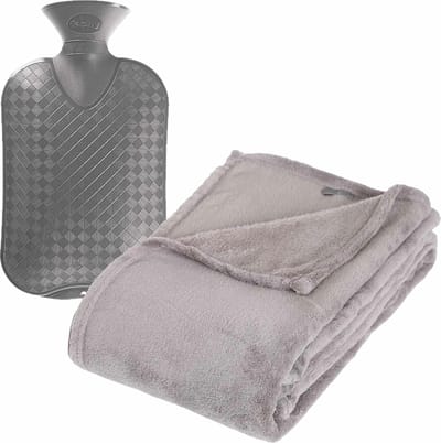Fleece deken/plaid Lichtgrijs 130 x 180 cm en kruik 2 liter