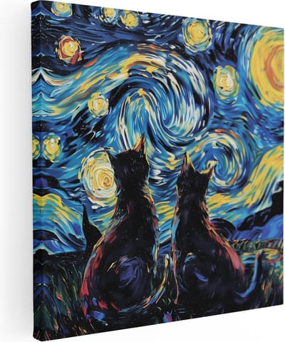 Artaza Canvas Schilderij Katten Van Gogh Sterrennacht - 90x90 cm - Wanddecoratie Dieren - Muurdecoratie Schilderij Kat - Kamer Accessoires
