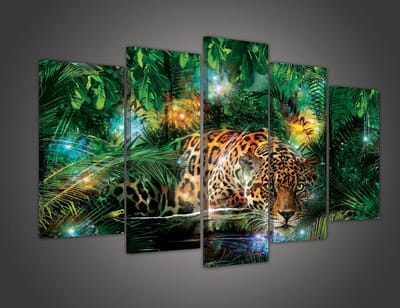 Canvas Schilderij - Jaguar - Groen - Zonsondergang - Cheeta - Dieren - Lucht - Wild - Natuur - Afrika - Schilderij Woonkamer - Schilderijen op canvas - Inclusief Frame - 100x60m (LxB) - 5 Luiks - 5 Delen