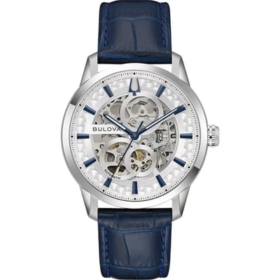 Bulova Sutton Leren Band Zilver Skelet Automatisch 96A330 Herenhorloge zilver