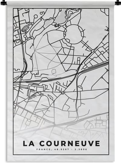 Wandkleed - Wanddoek - Stadskaart - Plattegrond - Kaart - Frankrijk - La Courneuve - Zwart wit - 120x180 cm - Wandtapijt