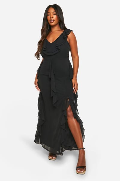 boohoo Dames Plus Maxi-jurk met Ruches Detail | Zwart | Maat: 46