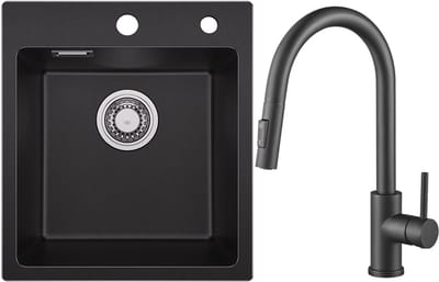 SOFETIY MAX Granieten Spoelbak voor keuken 40x45CM - Enkele Spoelbakken Met Keukenkraan met Uittrekbare uitloop - Onderbouw Spoelbak Zwart - Met waterafvoersysteem - Voor 45 cm Kast