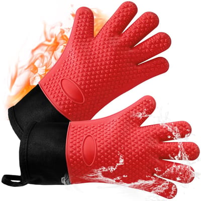 carmdering - Ovenhandschoenen Silicone - BBQ Handschoenen - Keukenaccessoires - Hittebestendig Tot 240°C - Antislip Vijf Vingers Ontwerp - VoedselSilicone En Katoen - Extra Lang Voor Onderarm Bescherming - Gemakkelijk Schoon Te Maken - Paar - Rood