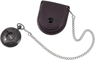 Vintage lederen zakhorloge hoesje met ketting, ideaal voor opslag van horloges en munten, kokosbruin, 7,5 x 6,9 cm