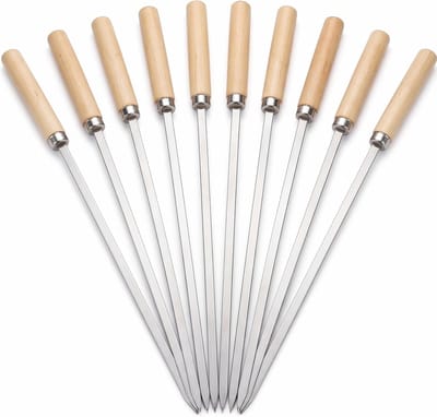 Barbecue Spiezen - 10 stuks - Houten Handvat - Luxe RVS Vleespennen 33.5cm - Plat - Kebab / Marshmallow Spiezen - BBQ Accesoires - Platte bbq Spiezen - IXEN