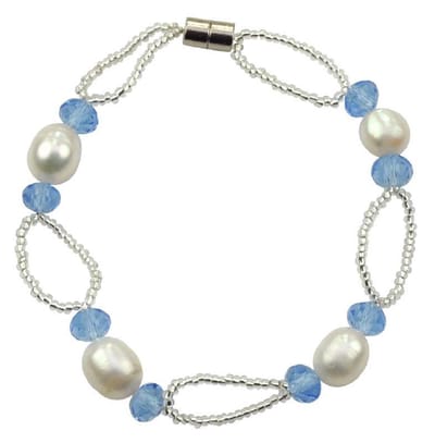 Zoetwater parel armband Blacio - echte parels - wit - blauw - zilver - magneetslot - luxe sieraden zakje - parel armband dames - zoetwaterparel