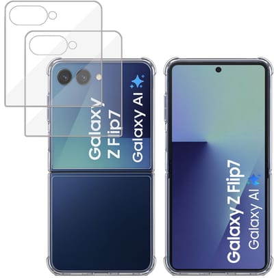 TechNow Hoesje + 2x Screenprotector geschikt voor Samsung Galaxy Z Flip 7 Hoesje Screenprotector - Tempered Glass - Extreme Shock Case Transparant