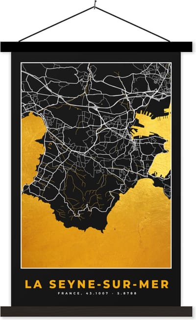 Posterhanger incl. Poster 40x60 cm - Schoolplaat - Kaart – Plattegrond – Frankrijk – Stadskaart - la Seyne-sur-Mer - Textielposter - Zwarte latten - Stadskaart
