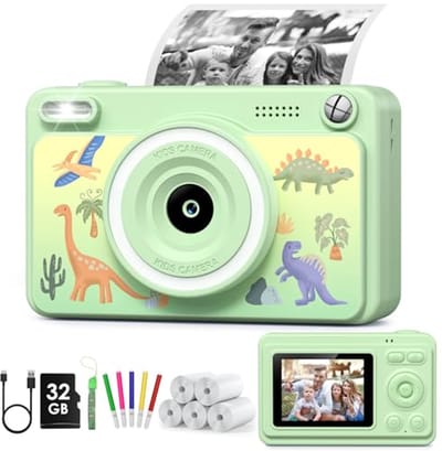 GREENKINDER Instant kindercamera, 2,4 inch scherm, met 32 GB kaart en 5 rollen printpapier, 1080p camera voor kinderen, direct afdrukken, cadeau voor 3-12 jongens en meisjes