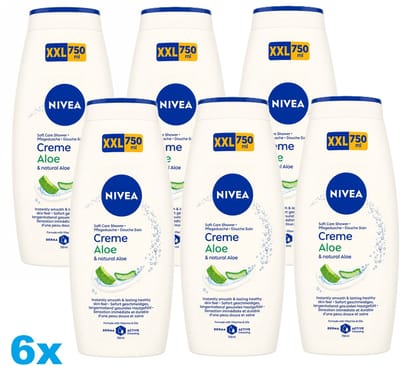 NIVEA Creme Aloe Douchegel – 6 x 750 ml – Hydraterende Shower Gel – XXL Voordeelverpakking