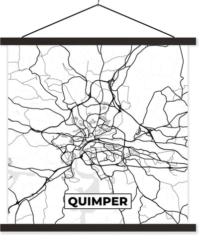 Posterhanger incl. Poster 60x60 cm - Schoolplaat - Quimper - Plattegrond - Kaart - Frankrijk - Stadskaart - Zwart wit - Textielposter - Zwarte latten - Stadskaart