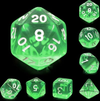 Polyset Dice | Dobbelstenen - Set Van 7 Stuks - Transparant Groen en Wit | Polydice | Voor D&D en Andere Rollenspellen | Plastic Dobbelstenen Set voor Dungeons and Dragons | Polyhedral Dice Set | Met Mooie Zwarte Velvet Dice Bag voor Ongeveer 3 Sets