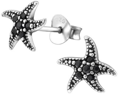 Joy|S - Zilveren zeester oorbellen - 9 x 8 mm - geoxideerd - zirkonia zwart